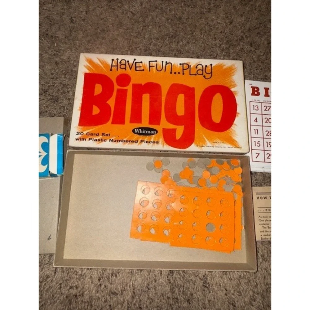 Vintage Whitman Bingo Game Set, 20 Cards, Numbered Pieces, Bingo Dispenser